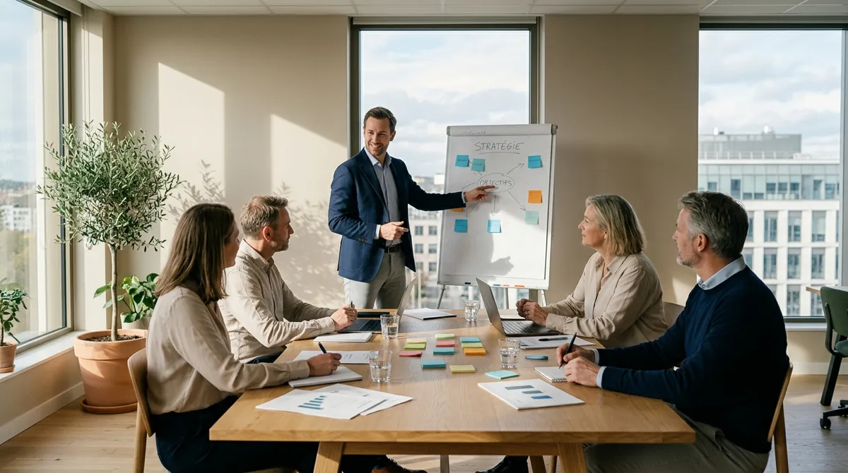 Consultant animant un atelier avec un client en entreprise